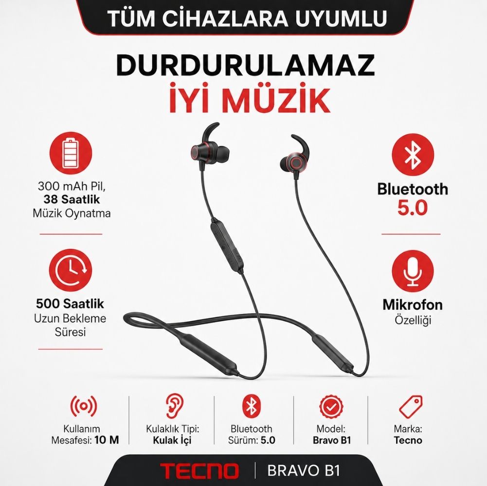 Tecno Bravo B1 Bluetooth Kulak İçi Kulaklık Siyah