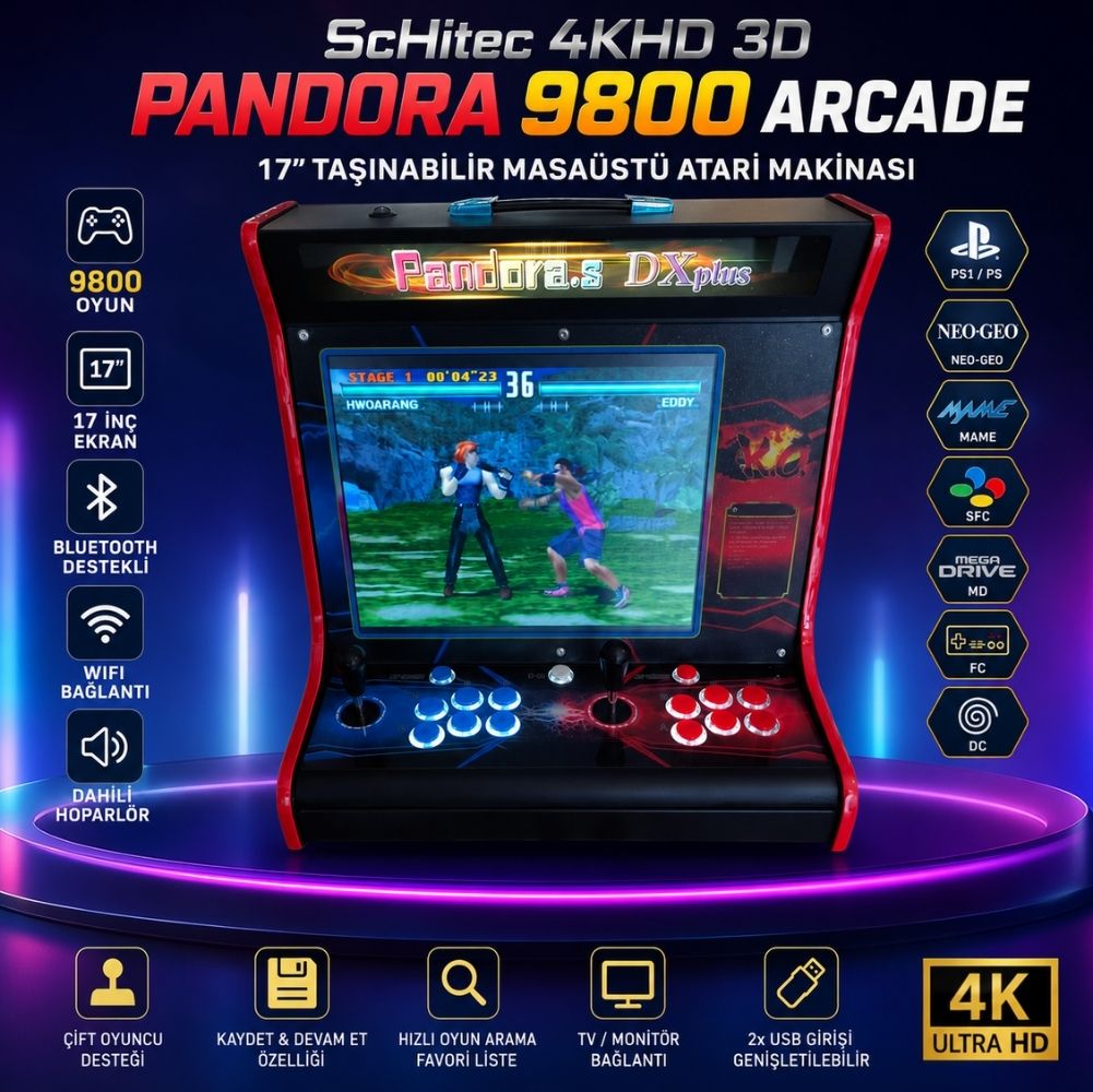 ScHitec 4KHD 3D Pandora 9800 Arcade Oyunlu Taşınabilir Pandora Masaüstü Kabinli 17inç Atari Makinası 
