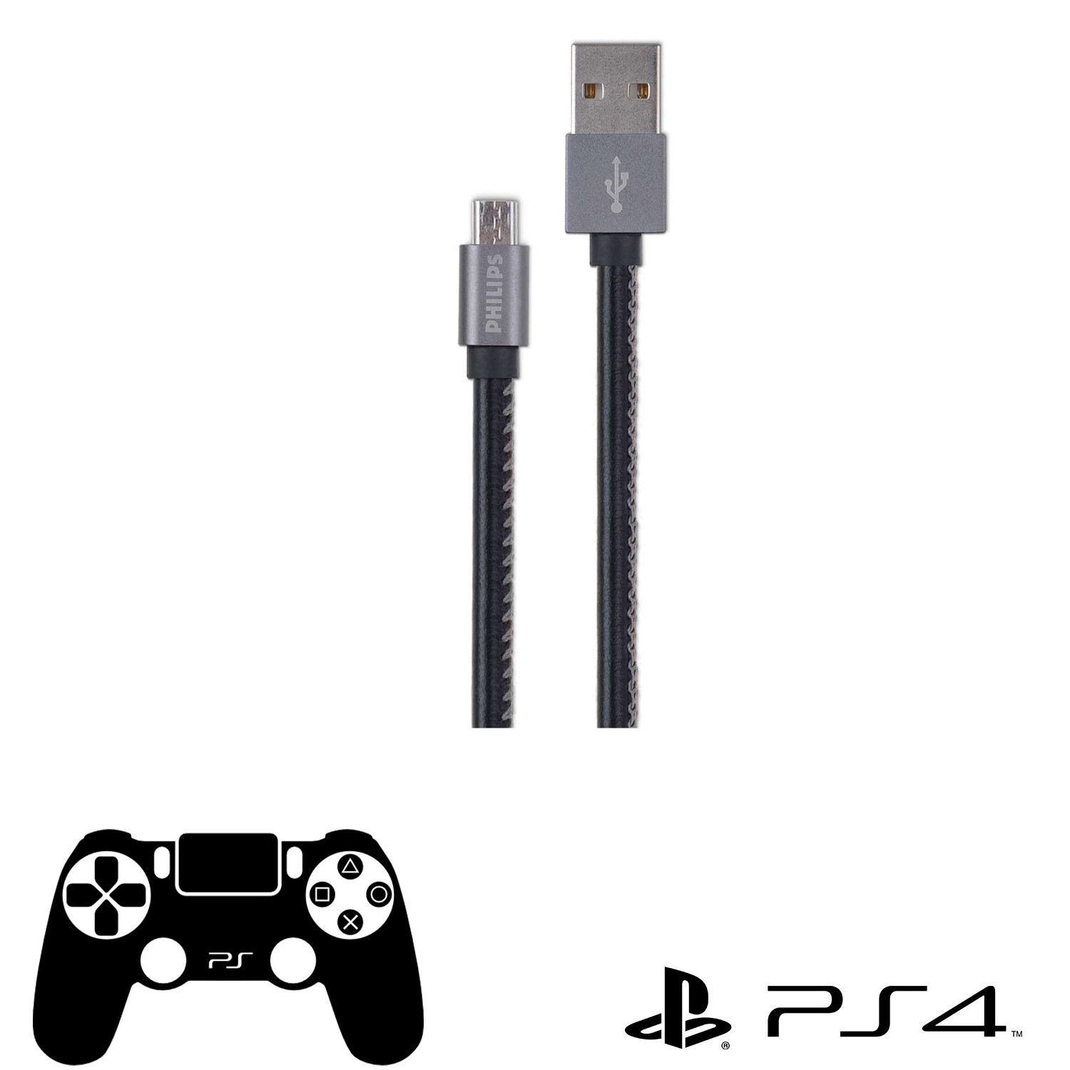 Philips Playstation 4 İle Uyumlu Joystick Şarj Kablosu 3A 60W UsbA to Micro Deri Kaplama Hızlı Şarj Kablosu DLC2518B/97