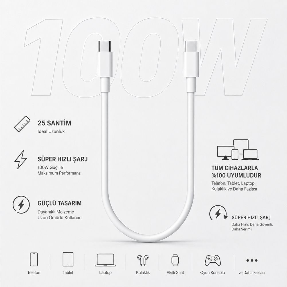 SCHitec 100W Type-C to Type-C 25cm Süper Hızlı Data ve Şarj Kablosu Beyaz