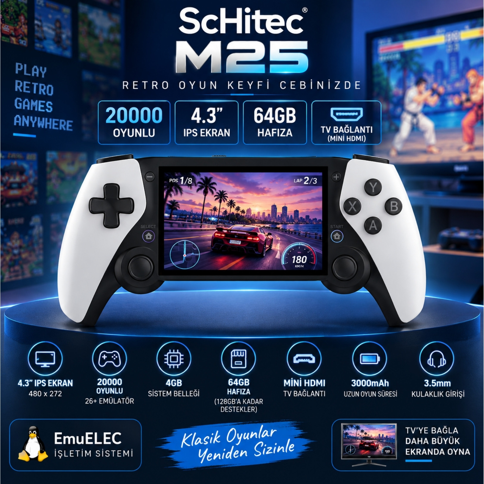 ScHitec M25 Mini HDMI Çıkşlı Tv Bağlanan El Atarisi Joistickli 4.3inç 3D IPS Ekran 20000 Oyunlu Konsol 64Gb 