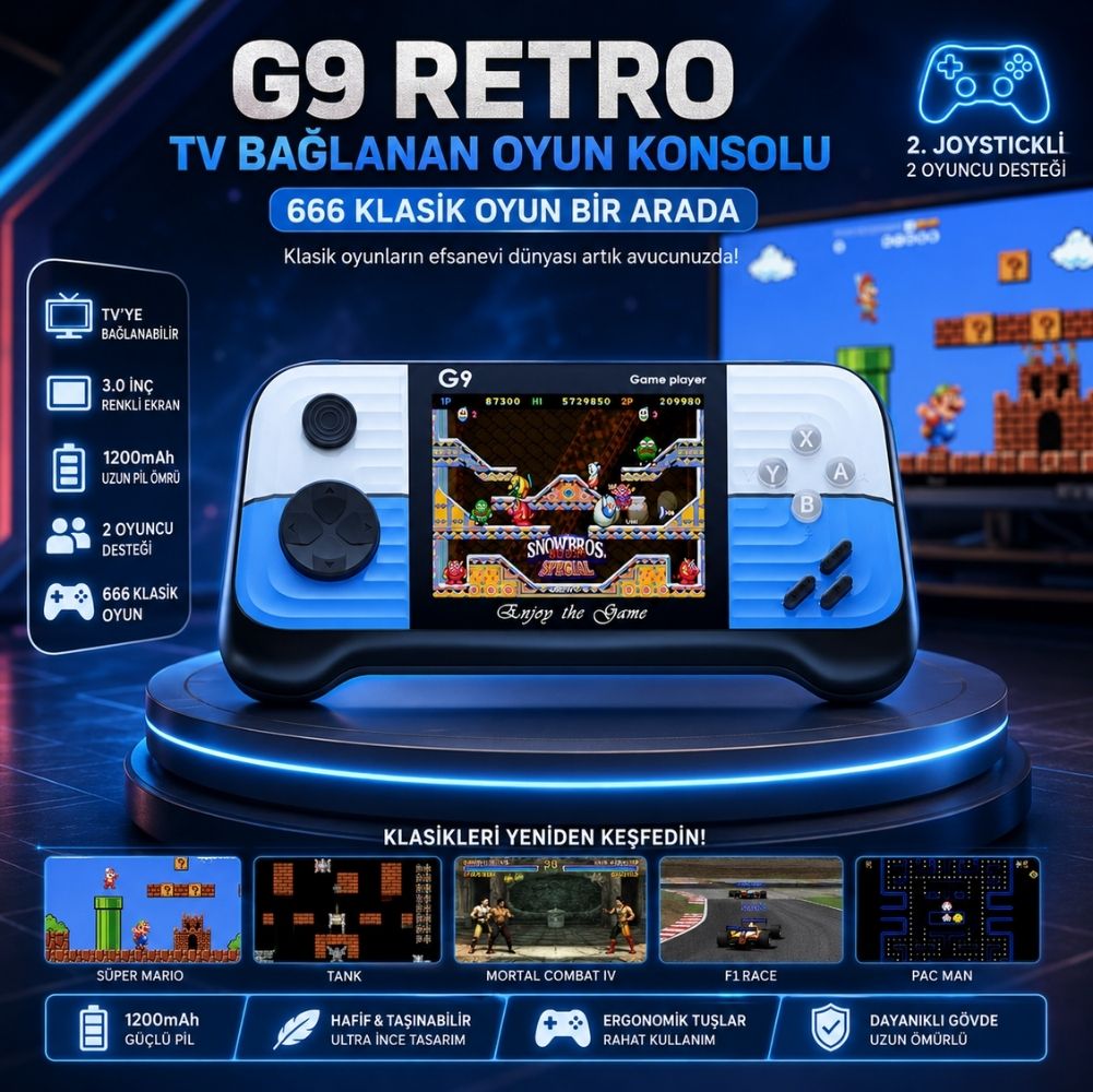 Winex G9 Retro 3.0 inç Tv Bağlanan 2.Joystickli Oyun Konsolu Mavi (666 Klasik Oyunlar)