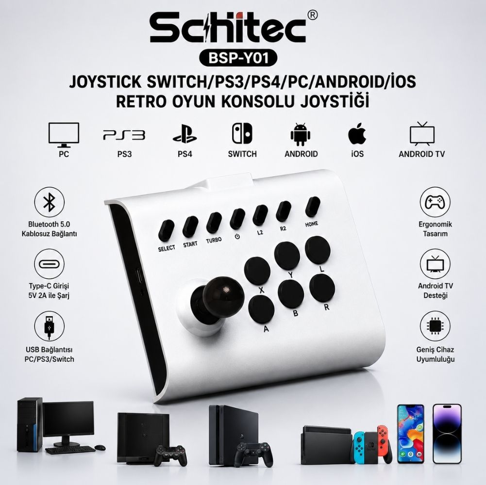 ScHitec BSP-Y01 Joystick N-Switch/Ps3/Ps4/Pc/Android/İos/TV Retro Oyun Konsolu Joystick Beyaz