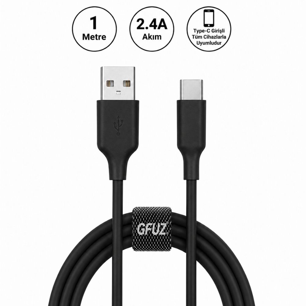 Gfuz CA58 2.4A UsbA to Type-C Data ve Hızlı Şarj Kablosu Siyah