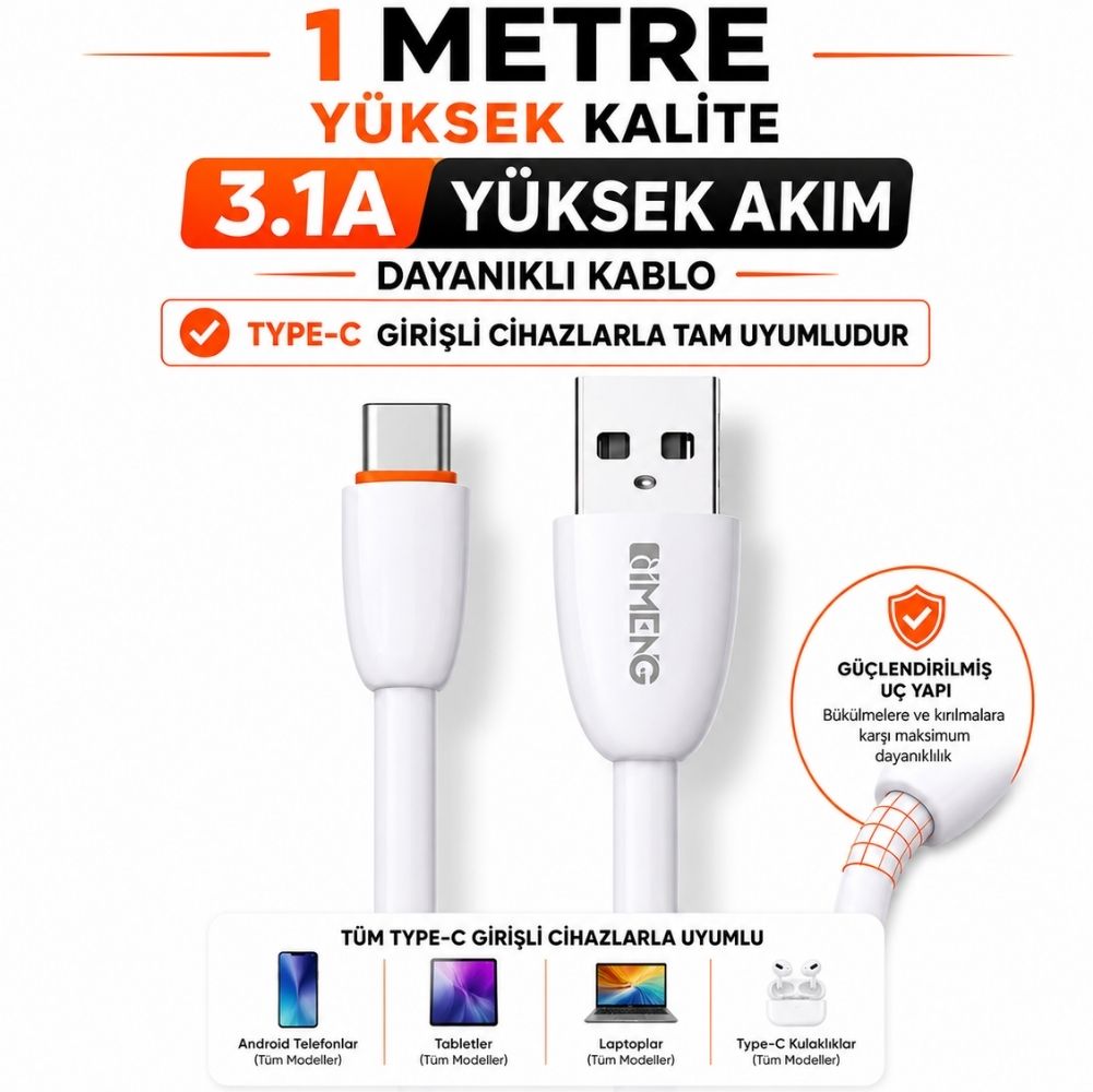 İmeng 3.1A UsbA to Type-C Data ve Hızlı Şarj Kablosu ML109 Beyaz