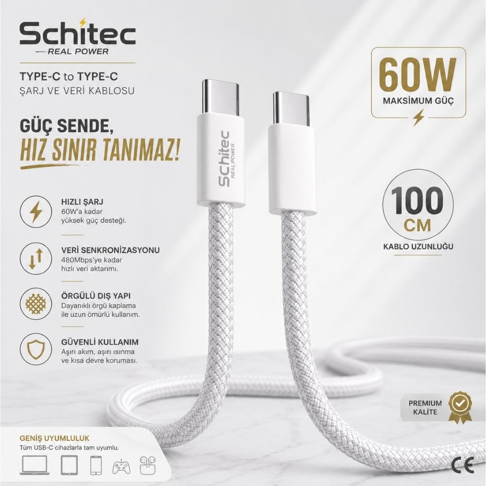 SChitec 60W Type-C to Type-C Örgülü Data ve Hızlı Şarj Kablosu Telefon, Tablet, Laptop Uyumlu Beyaz SK001