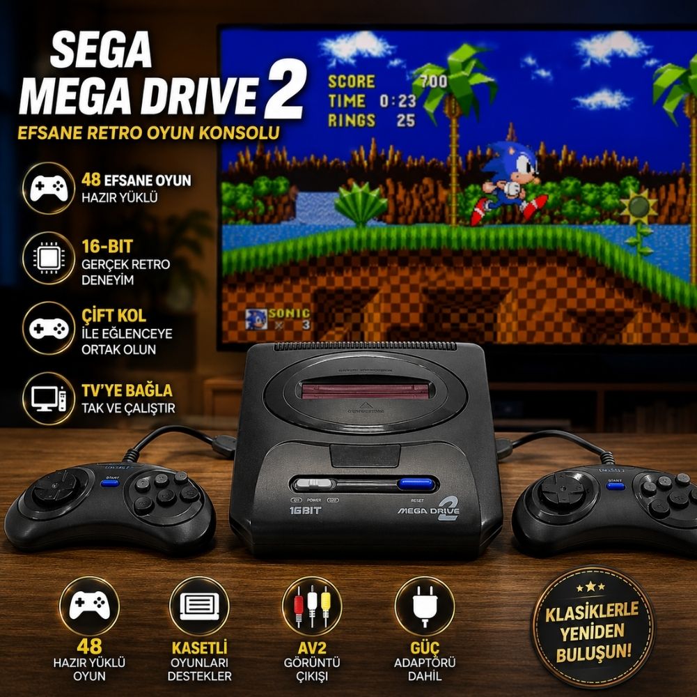 Sega Mega Drive 2 48 Oyunlu Efsane Retro Oyun Konsolu 16-Bit Çift Kol